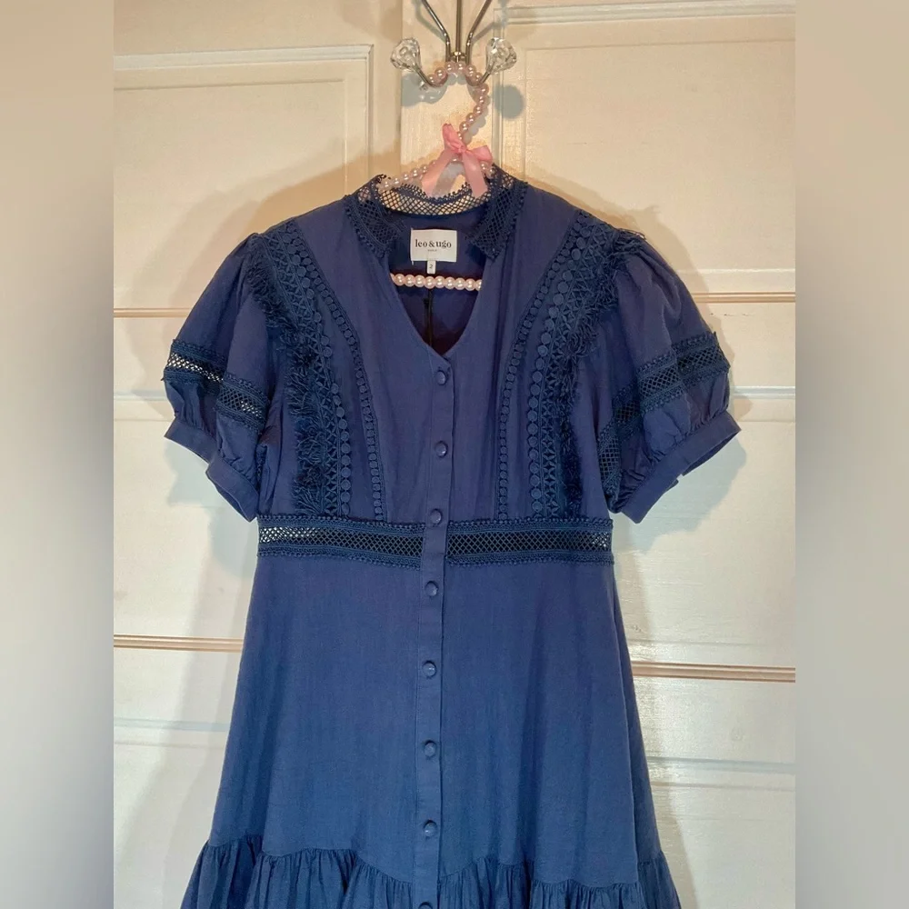 Navy Blue Lace Trim Dress - Picture 9 of 15